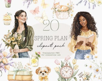 May include: A set of 20 spring-themed clipart images, including flowers, a book, a dog, a clock, a watering can, a lemonade jar, a basket of flowers, a cupcake, a bouquet of flowers, a girl with a bouquet of flowers, a girl reading a book, and butterflies. The text "20 SPRING PLAN clipart pack Transparent PNG for commercial use" is included in the image.