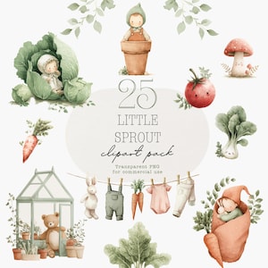 May include: Watercolor illustrations of baby sprouts, vegetables, and a greenhouse. The image includes a baby in a cabbage, a baby in a pot, a tomato, a mushroom, and a baby in a carrot. The text reads "25 Little Sprout Clipart Pack".