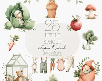 Little Sprout Clipart, Cute Garden Baby Shower Art, Vegetable PNGs, Kawaii Sprouts, Digital Download Graphics, Nursery Art, Baby Shower
