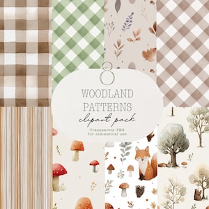 Op de afbeelding: Een verzameling van acht bospatronen in aquarel. De ontwerpen omvatten ruitjes, verticale strepen, bladeren, paddenstoelen, een vos en bomen. De tekst luidt "WOODLAND PATTERNS clipart pack" en "Transparent PNG for commercial use."