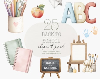 Clipart de regreso a clases, Clipart escolar pastel, PNG de regreso a clases, Útiles escolares, Clipart para maestros, Papelería escolar, Uso comercial