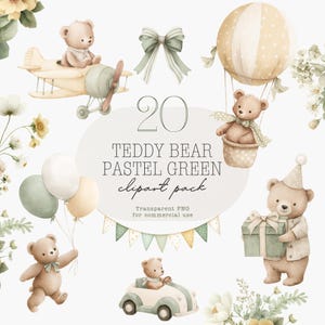 Teddy Bear Clipart Watercolor Baby Green Boy Teddy Bear Nursery Art Baby Shower Invitation PNG