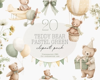 Teddy Bear Clipart Watercolor Baby Green Boy Teddy Bear Nursery Art Baby Shower Invitation PNG