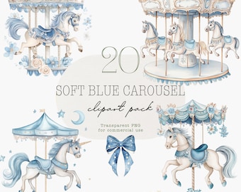 Watercolor Carousel Clipart, Soft Blue Nursery Art (PNG Digital Download)