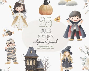 Lot de cliparts Halloween mignon aquarelle, pastel effrayant PNG (téléchargement numérique)