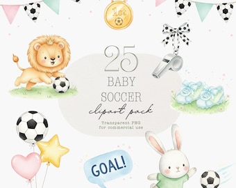 Soccer Clipart Bundle, Baby Football PNG, Little Kicker Clipart, Sports Nursery, Soccer Party, World Cup Baby, Watercolor PNG