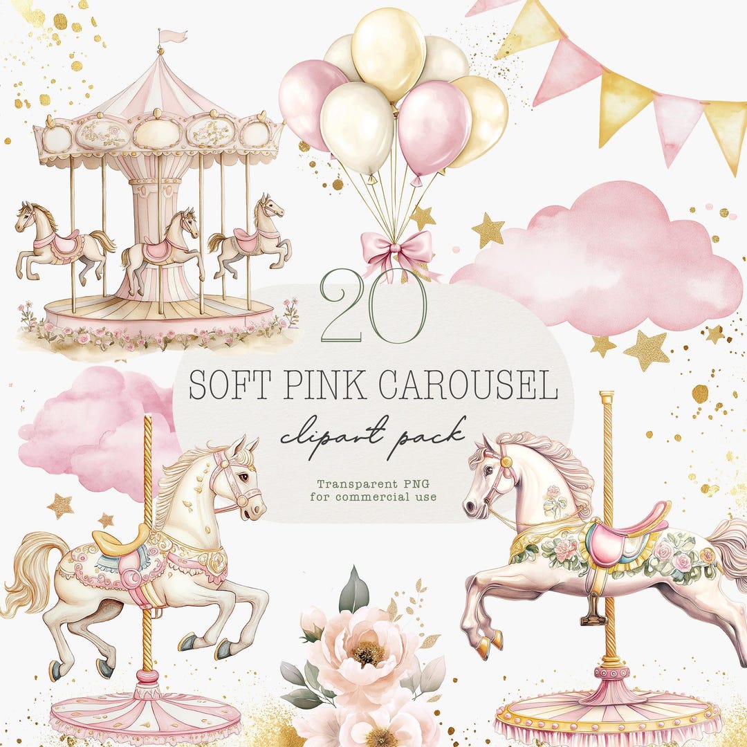 Pink Carousel Pattern Watercolor Carousel Clipart, Pink Nursery Decor (PNG Digital Download ...
