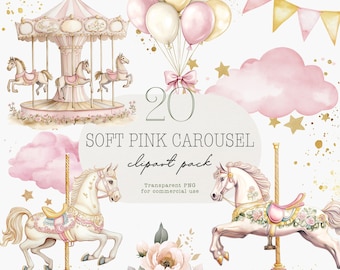 May include: A set of 20 soft pink carousel clipart images. The clipart includes a carousel with horses, balloons, clouds, stars, and flowers. The text "20 SOFT PINK CAROUSEL clipart pack" is written on the image. The text "Transparent PNG for commercial use" is also written on the image.