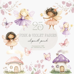 Lot de cliparts aquarelle de fées avec de jolies fées fantaisistes roses et lilas PNG pour travaux manuels et invitations
