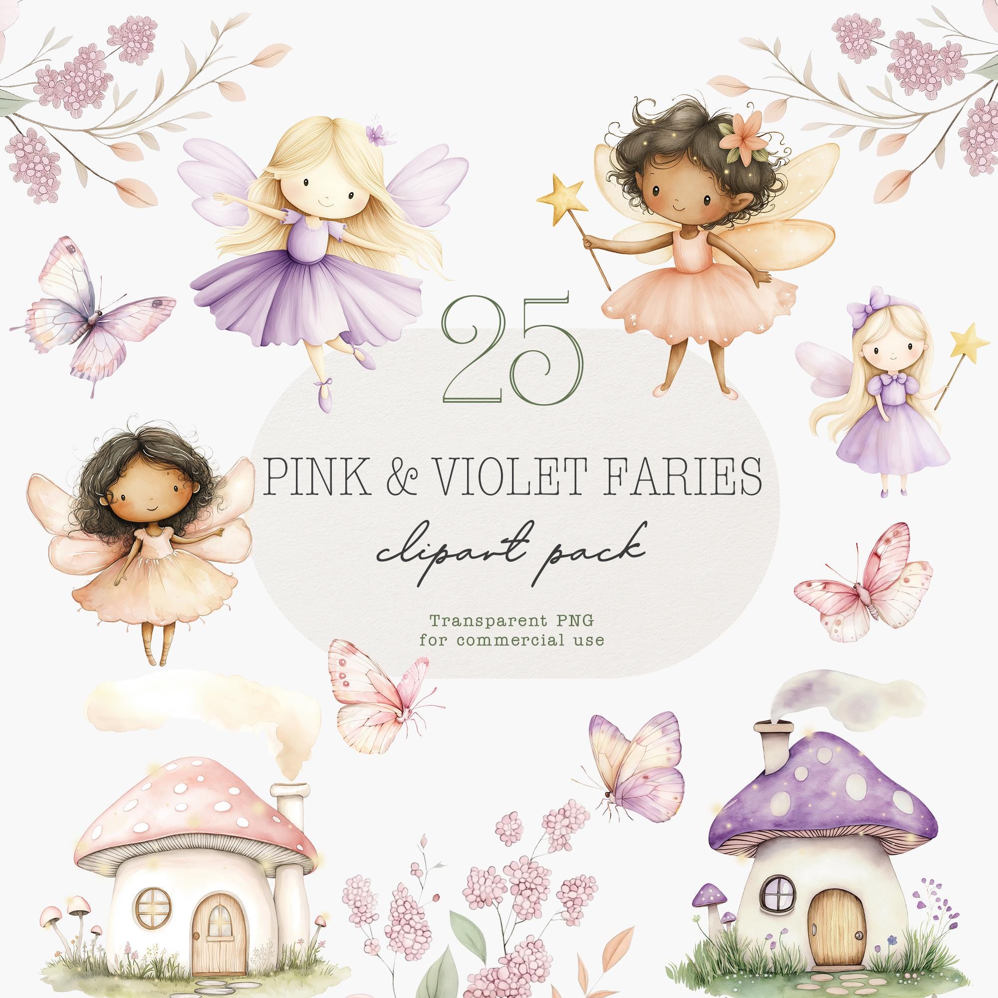 Watercolor Fairy Clipart Bundle: Pink & Lilac Fairies (PNG Digital ...