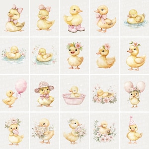 May include: A collection of watercolor illustrations featuring adorable yellow ducklings. Each duckling is depicted in various poses, some wearing accessories like bows, hats, and holding balloons. The illustrations have a soft, pastel color palette.