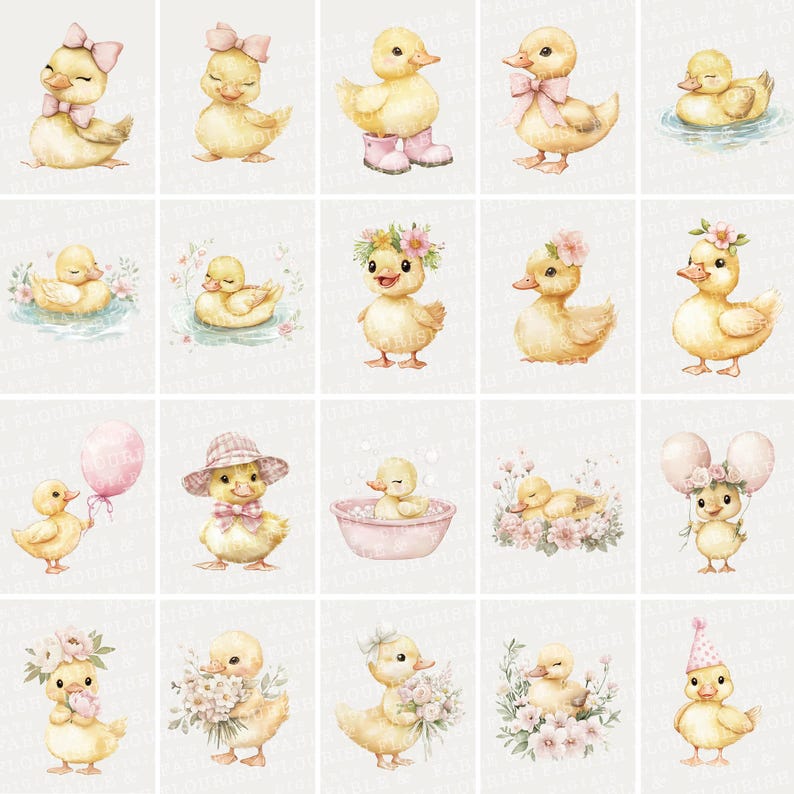 May include: A collection of watercolor illustrations featuring adorable yellow ducklings. Each duckling is depicted in various poses, some wearing accessories like bows, hats, and holding balloons. The illustrations have a soft, pastel color palette.