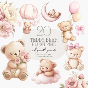 Clipart di orsacchiotto acquerello rosa cipria bambina orsacchiotto arte per la cameretta dei bambini invito per baby shower PNG