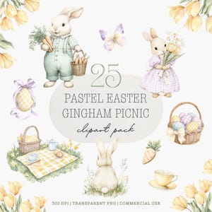 Pastel Easter Gingham Picnic Clipart Pack, Watercolor Bunnies, Spring Basket (Digital Download)