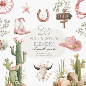 Può includere: Pacchetto di clipart ad acquerello con elementi western rosa. Include un cappello da cowboy rosa, stivali, cactus, un ferro di cavallo, un teschio di bue, un cartello del saloon e una stella. Il testo recita "25 Pink Western Elements clipart pack."