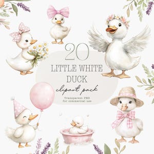 May include: Watercolor clipart pack featuring 20 little white duck illustrations. Ducks are adorned with bows, hats, and flowers. One duck holds a bouquet, another a balloon. Text reads "Little White Duck clipart pack".