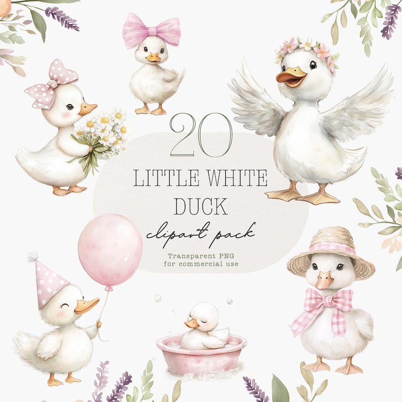 May include: Watercolor clipart pack featuring 20 little white duck illustrations. Ducks are adorned with bows, hats, and flowers. One duck holds a bouquet, another a balloon. Text reads "Little White Duck clipart pack".