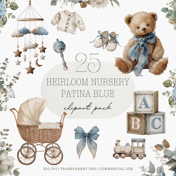 Kinderzimmer Clipart, Erbstück Kindergarten Kunst, Vintage Baby Boy PNG, Aquarell Babyparty, antiker Teddybär, Taufe Clipart, Jungen-Kinderzimmer