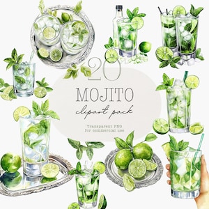 Clipart akwarelowy - grafika drinka Mojito, znak baru weselnego i sztuka menu, wystrój drinków restauracyjnych, ilustracje koktajli