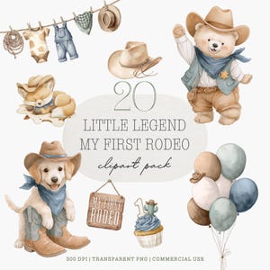 Watercolor Cowboy Baby Clipart, My First Rodeo Bundle, Western Nursery Graphics (Digital Download)