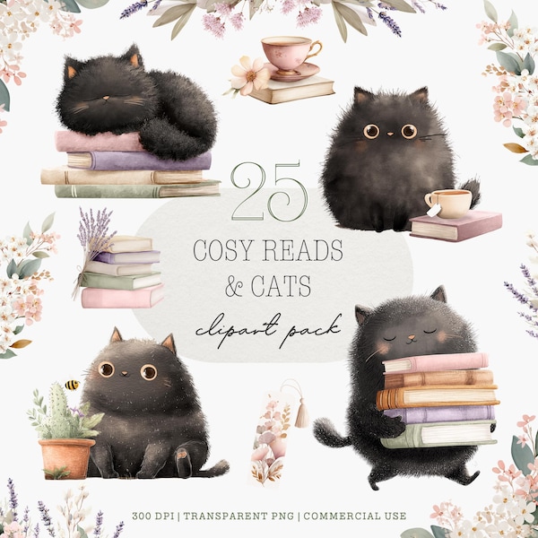Black Cat Clipart Bundle | Cosy Bookish Watercolour PNG | Book Lover | Book Club | Commercial Use Digital Download