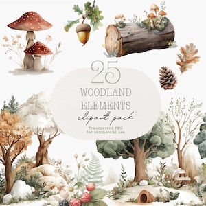 Op de afbeelding: Waterverfillustratie van bos elementen, waaronder paddenstoelen, eikels, een boomstam met paddenstoelen en bosscènes. De tekst luidt "25 Woodland Elements clipart pack" en "Transparent PNG for commercial use."