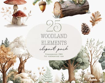 Woodland Elements Clipart, Forest elements, Woodland Nursery Art, Mushroom clipart, Watercolor woodland