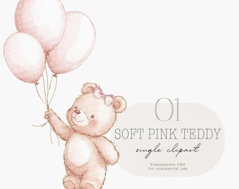 Imágenes prediseñadas de osito de peluche rosa en acuarela, arte para habitación infantil (descarga digital)