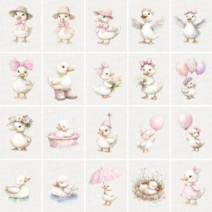 May include: A collection of watercolor illustrations of adorable ducklings in various poses and outfits. Some ducklings wear hats, bows, and dresses, while others hold flowers or balloons. The color palette is soft, featuring pastels and gentle tones.