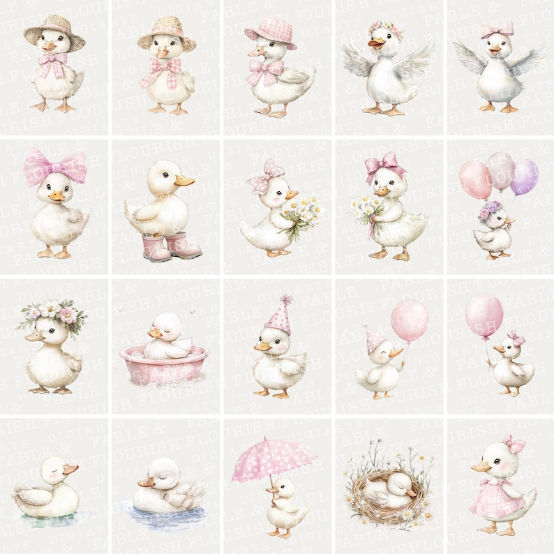 May include: A collection of watercolor illustrations of adorable ducklings in various poses and outfits. Some ducklings wear hats, bows, and dresses, while others hold flowers or balloons. The color palette is soft, featuring pastels and gentle tones.
