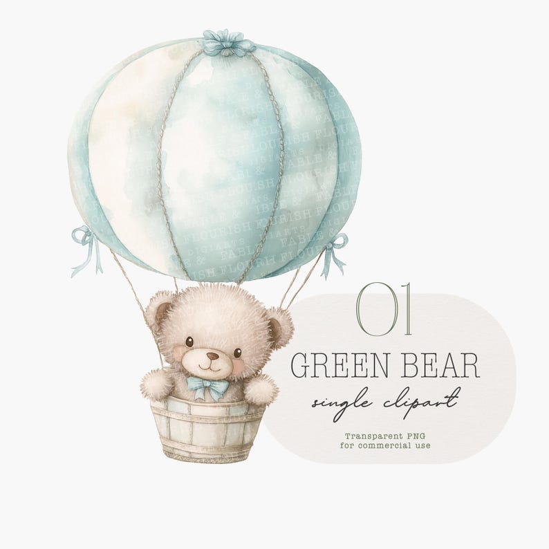 Watercolor Teddy Bear Clipart: Hot Air Balloon Baby Shower PNG - Etsy ...