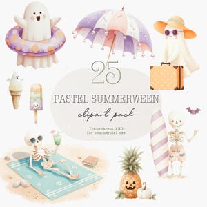 Summerween clipart, pastel ghost, Halloween, watercolor clipart, summer Halloween, pastel Halloween, summer skeleton, summer ghost