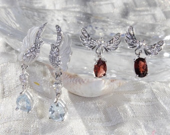Garnet/Topaz Angel Wing Sterling Silver Earrings, January/December Birthstone