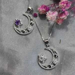 Amethyst Crescent Moon Necklace: Sterling Silver Starry Night Pendant