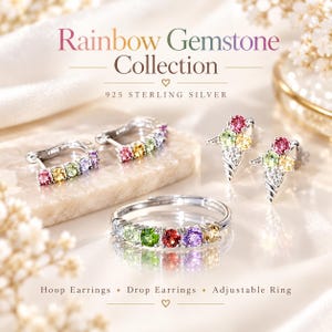 May include: A 925 sterling silver jewelry set featuring a rainbow gemstone collection. Includes hoop earrings, ice cream cone-shaped drop earrings, and an adjustable ring, all set with multi-colored round gemstones.
