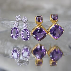 Amethyst Drop Earrings, 925 Silver, Gold-Plated, February Birthstone