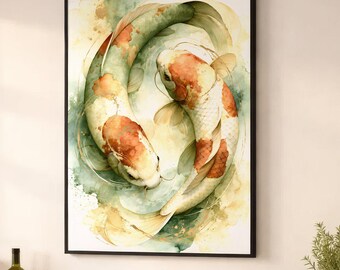 Japandi Wall Art | Watercolor Koi Print | Sage Green & Terracotta Koi Fish Wall Art | Neutral Zen Koi Print | Earthy Organic Modern Decor
