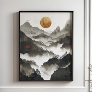 Minimalist Chinese Ink Wash Landscape Print, Modern Chinese Art, Traditional Ink Wash Painting, Asian Decor Sumie Poster, Printable Wall Art