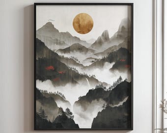 Minimalistische Chinese inktwas landschapsprint, Sumie Art (digitale download)