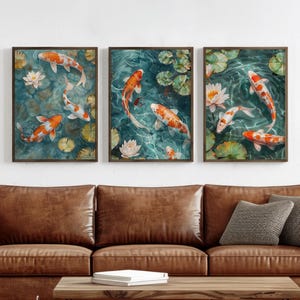 Koi-Fisch-Triptychon-Wandbild, 3er-Set, Japanisches Zen-Koi-Teich-Dekor, Druckbares Koi-Wandposter