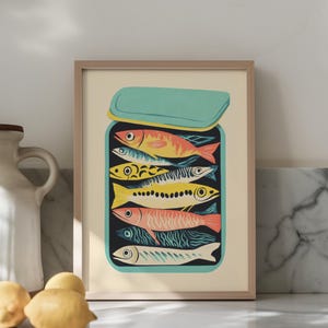 Vintage Sardine Tin Print, Fisherman Core Seafood Sardine Poster, Colorful Kitchen Art, Nautical Decor, Sardines Fisherman Aesthetic Print