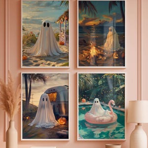 Summerween Ghost Wall Art Set of 4, Summerween Prints , Coastal Halloween Digital Art, Cute Spooky Wall Decor, Summerween Poster Collection