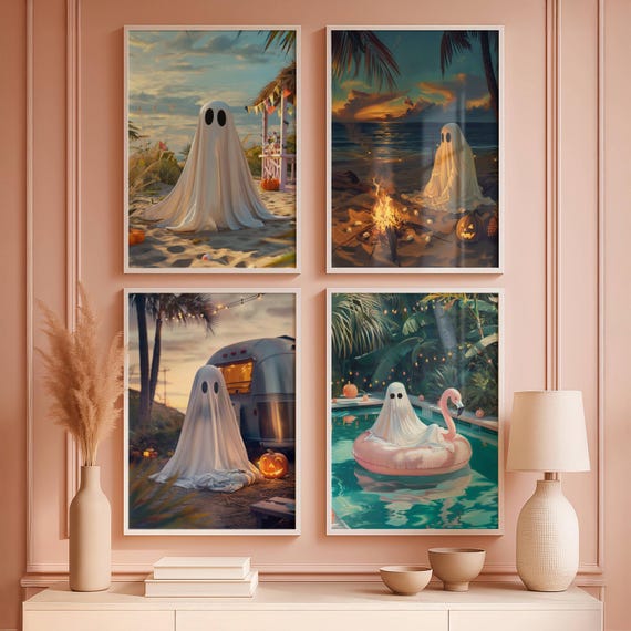 Summerween Ghost Art Print Set, Coastal Halloween Decor (Digital Download)