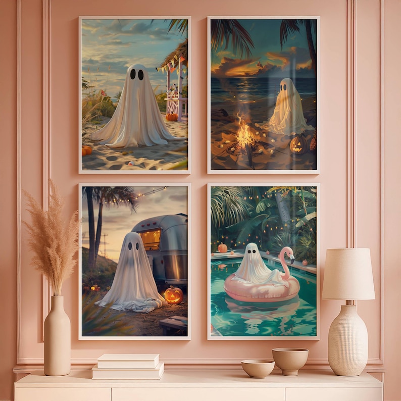 Summerween ghost gallery poster prints, spooky cute wall art set of 4 coastal Halloween digital prints for Summerween decor.