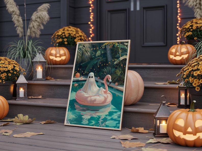Spooky cute Summerween poster print, ghost Halloween wall art with tropical pool party flamingo float and pumpkins.
