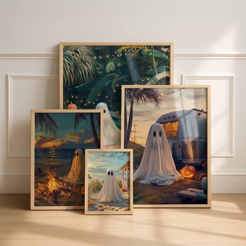 Cute spooky Summerween poster print set, coastal Halloween ghost wall art bundle with beach, camper, pool, and campfire scenes.