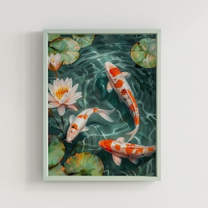 oi pond triptych print featuring three panels of vibrant koi fish swimming among lily pads in a tranquil pond. Aesthetic koi pond painting with a serene, zen-inspired design, perfect for Japanese home decor and modern interiors