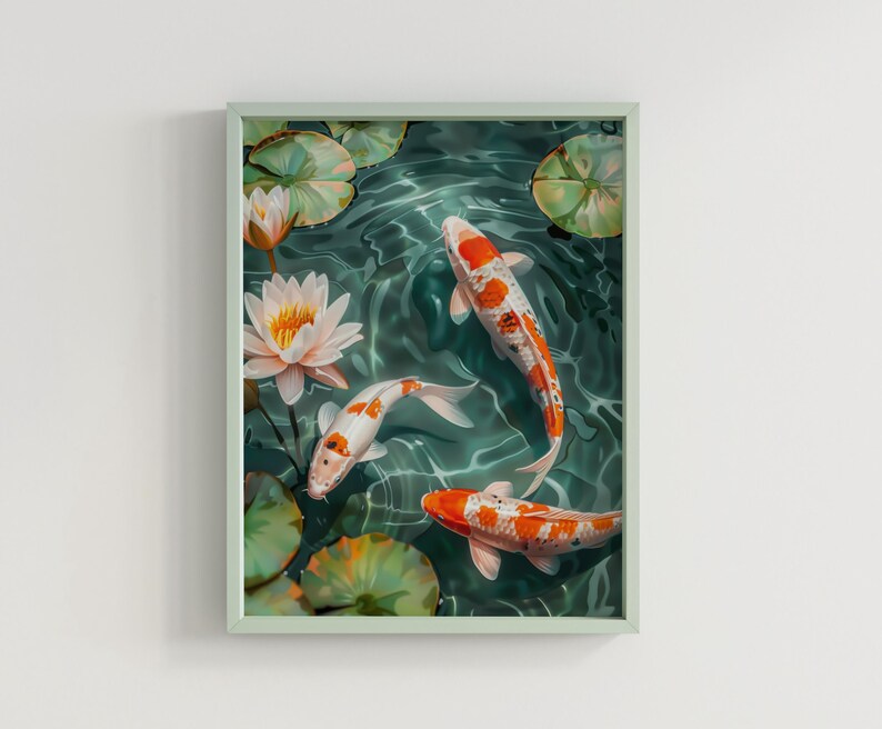 oi pond triptych print featuring three panels of vibrant koi fish swimming among lily pads in a tranquil pond. Aesthetic koi pond painting with a serene, zen-inspired design, perfect for Japanese home decor and modern interiors