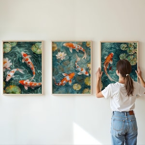 oi pond triptych print featuring three panels of vibrant koi fish swimming among lily pads in a tranquil pond. Aesthetic koi pond painting with a serene, zen-inspired design, perfect for Japanese home decor and modern interiors