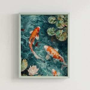 oi pond triptych print featuring three panels of vibrant koi fish swimming among lily pads in a tranquil pond. Aesthetic koi pond painting with a serene, zen-inspired design, perfect for Japanese home decor and modern interiors